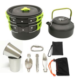 Outdoor set of pots and pans 2-3 people camping teapot cutlery set three sets of cookware - VNJF-green