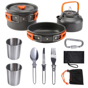 Outdoor set of pots and pans 2-3 people camping teapot cutlery set three sets of cookware - VNJF-orange