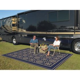 9x12 Reversible RV Outdoor Patio Mat, Camping Mat, Blue (Reversible with 2 designs) - 9' x 12'-Navy