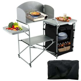 Camping Kitchen Station, Aluminum Portable Folding Camp Cook Table with Windshield, Storage Organizer and 4 Adjustable Feet, Quick Installation for Ou