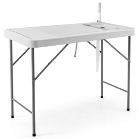 Folding Fish Cleaning Table with Sink and Faucet for Dock Picnic - white