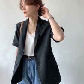 Women's Cotton And Linen Short Sleeve Jacket Loose Casual Top (Option: Black-S)
