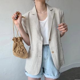 Women's Cotton And Linen Short Sleeve Jacket Loose Casual Top (Option: Apricot-S)