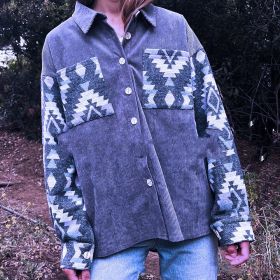 New Corduroy Aztec Stitching Long-sleeved Shirt (Option: Gray Blue-XL)