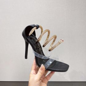 Metal Serpentine Surround Square Head Stiletto Sandals Women (Option: Black-36)