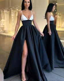 Women's Slim-fit Suspender Dress Deep V Slit Evening Dress (Option: Black And White-XXXL)