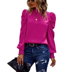 Women's Solid Color Casual Shirt With Puff Sleeves (Option: Rose red-XL)